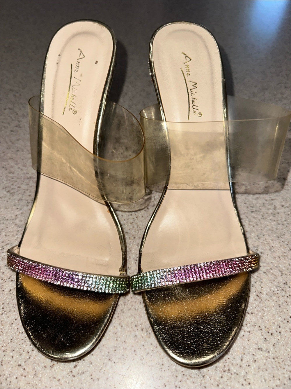 Gold Slide Sandals Heels with Multicolor Crystal Toe Strap pumps size 10